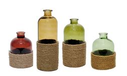 Colored Glass Bottle Vase Wrapped in Rope Amber Green or Red